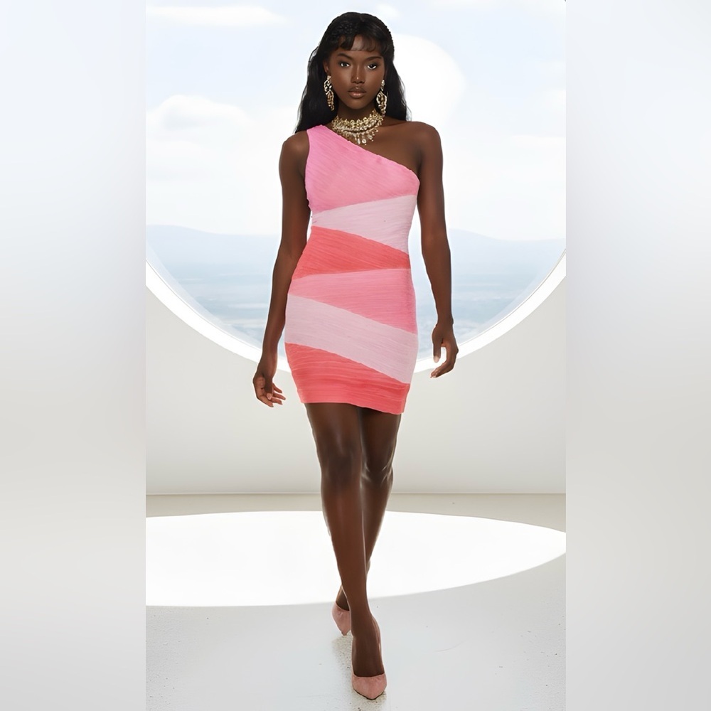 EUC BCBG Maxazria SZ M single shoulder A-line dress, bust 33”-38”/waist 28”-32”